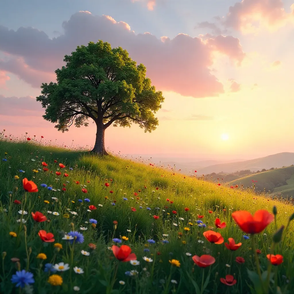 Lone Tree on a Hill with Wildflowers at Sunset