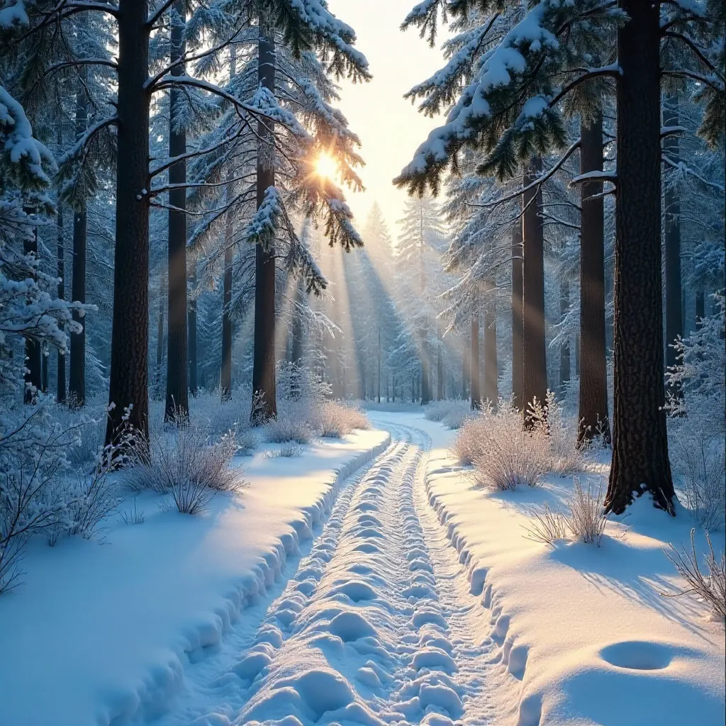 Serene Snowy Forest Path Amid Tall Pines