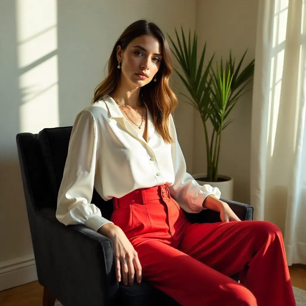 Elegant Figure in White Blouse and Red Pants Indoors