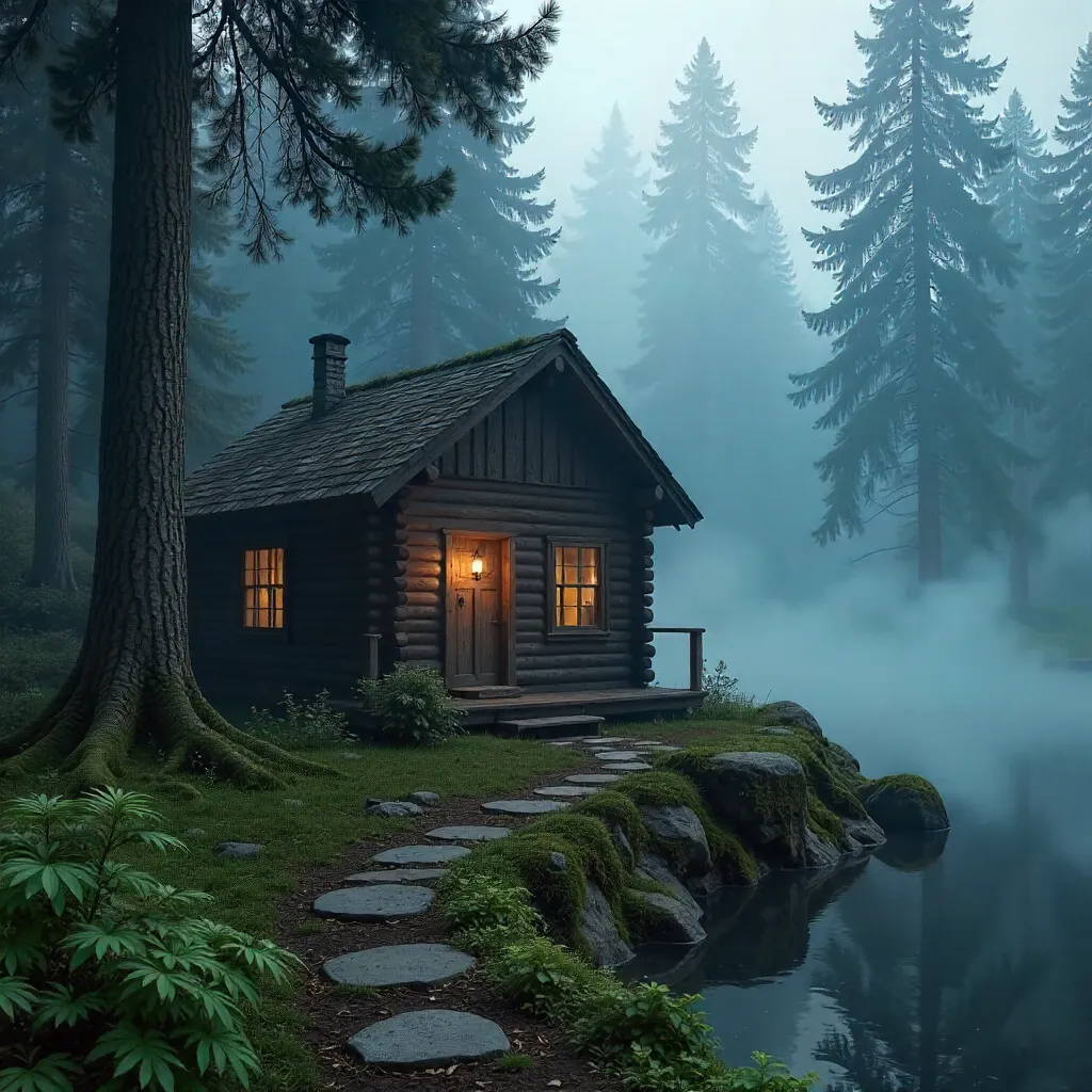 Mist-Touched Secluded Cabin in the Forest
