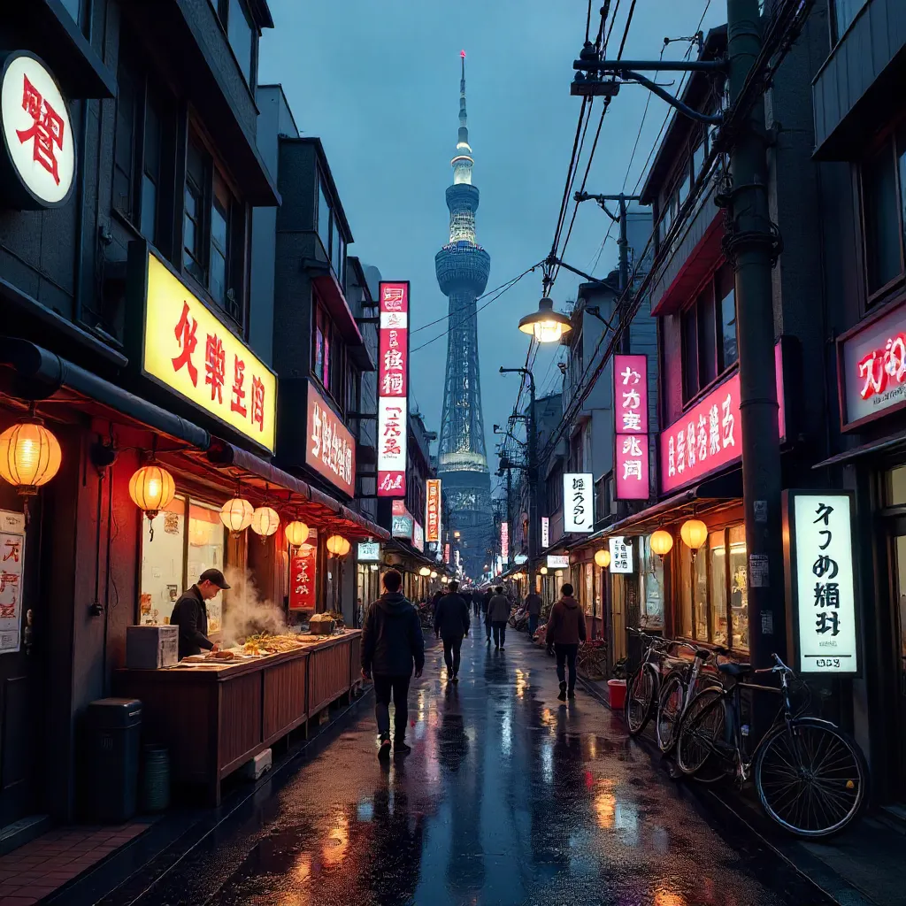 Bustling Tokyo Street with Skytree in View