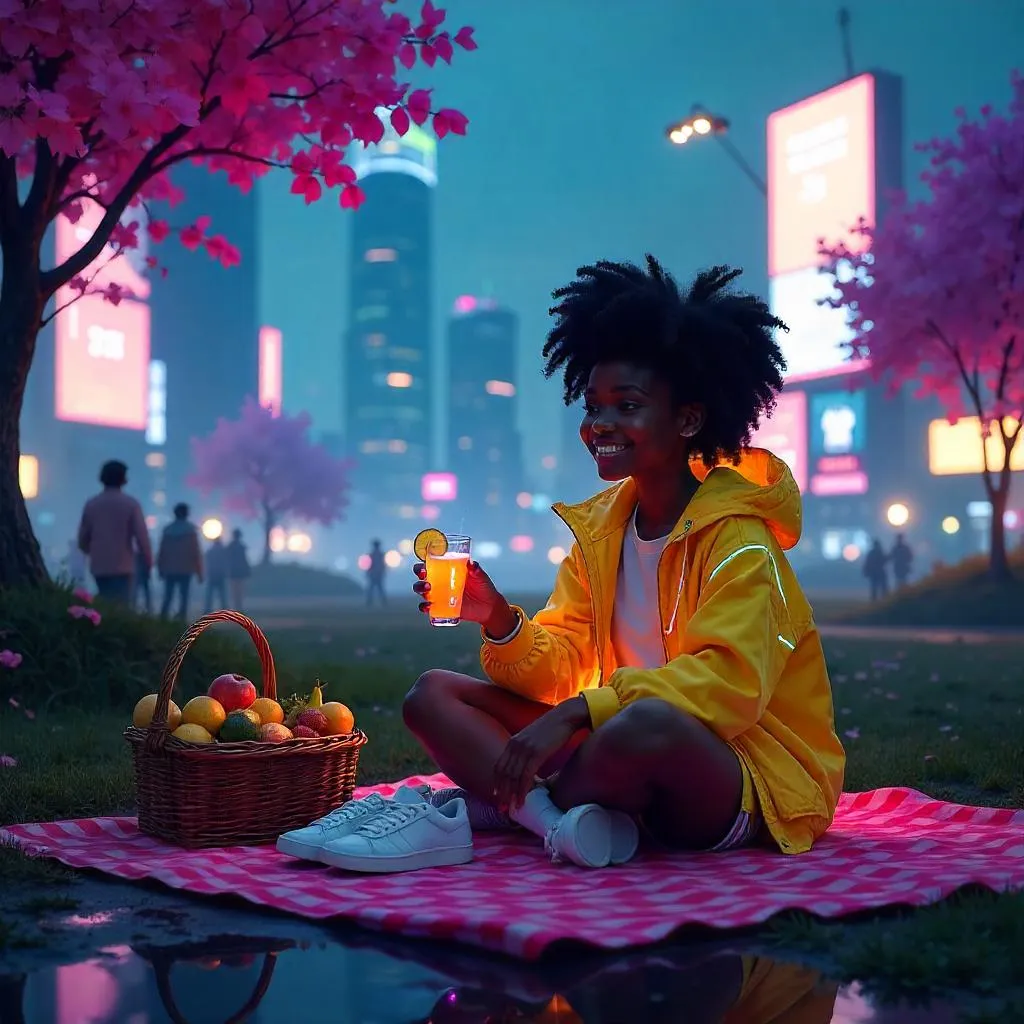 Cheerful Cyberpunk Picnic in Neon Park