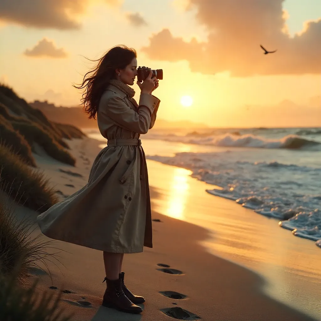 Sunset Moments: Woman with Camera on Breezy Beach