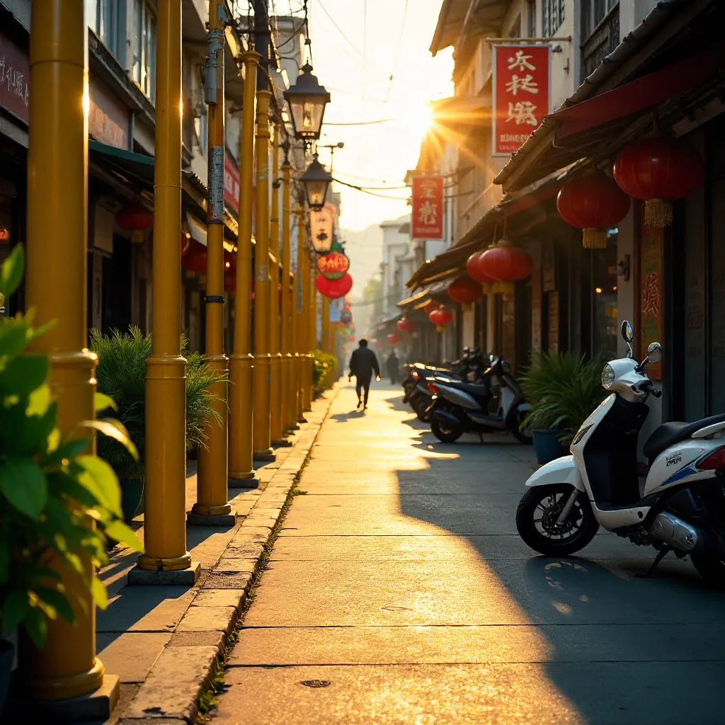 Sunlit Taiwanese Walkway with Yellow Safety Poles