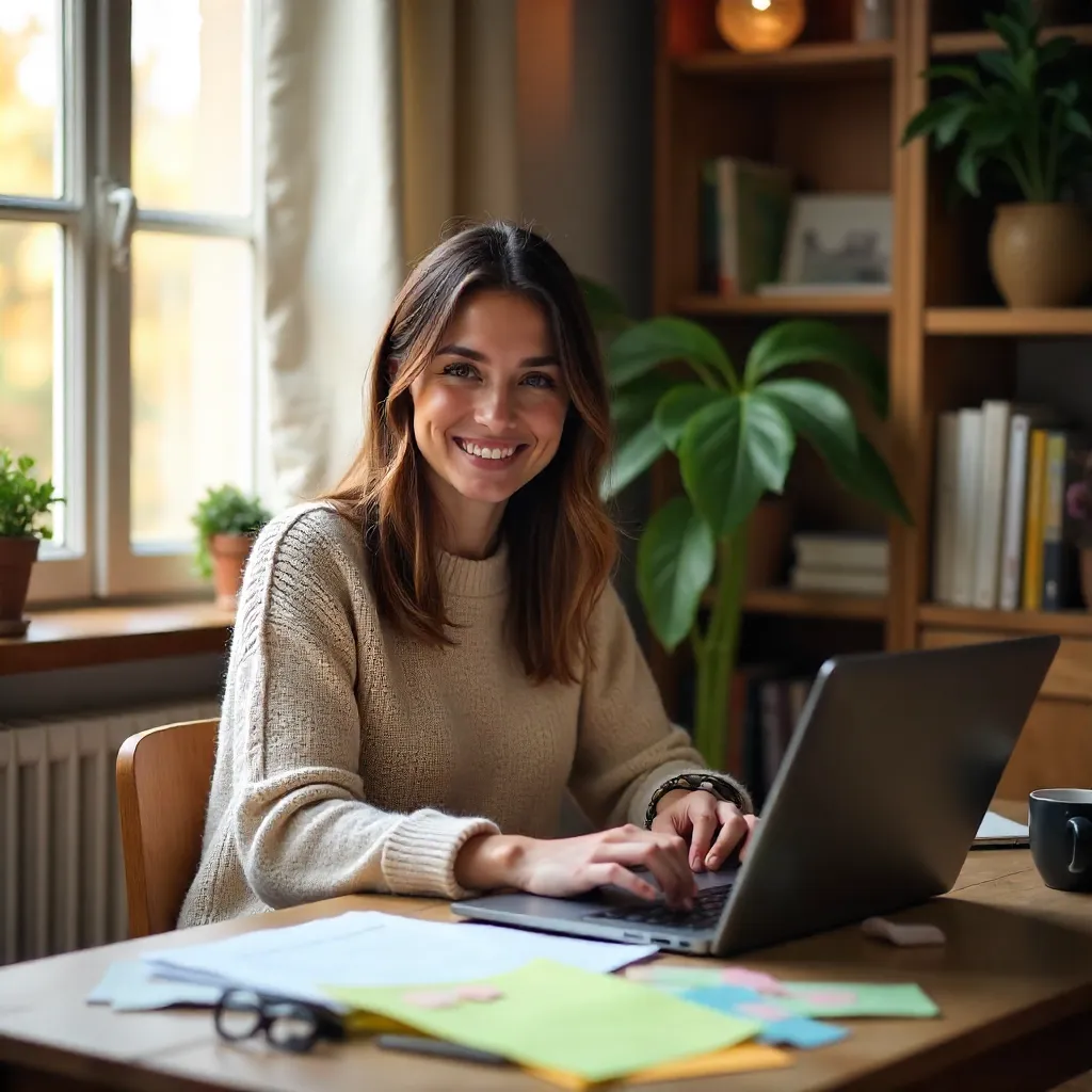 Cheerful Remote Worker in a Cozy Home Office