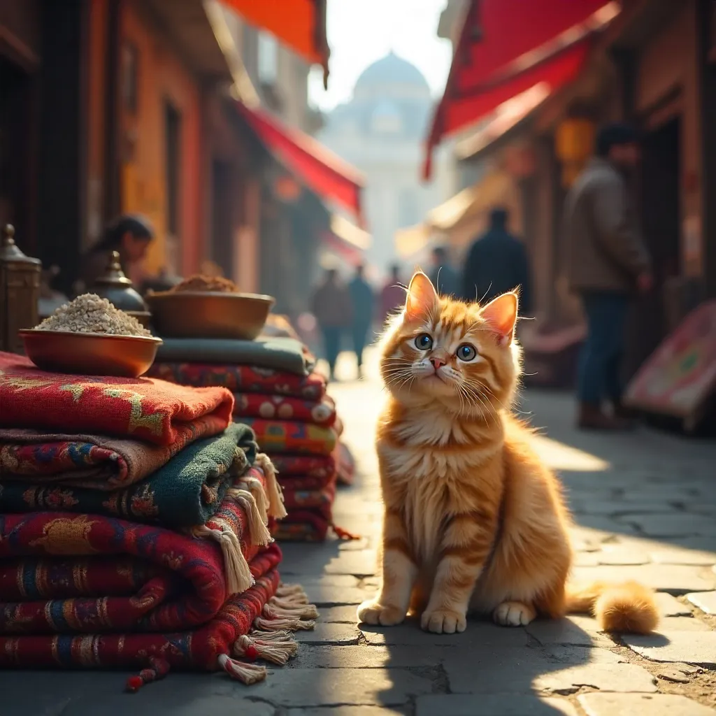 Adorable Cat Amid Vibrant Istanbul Carpets