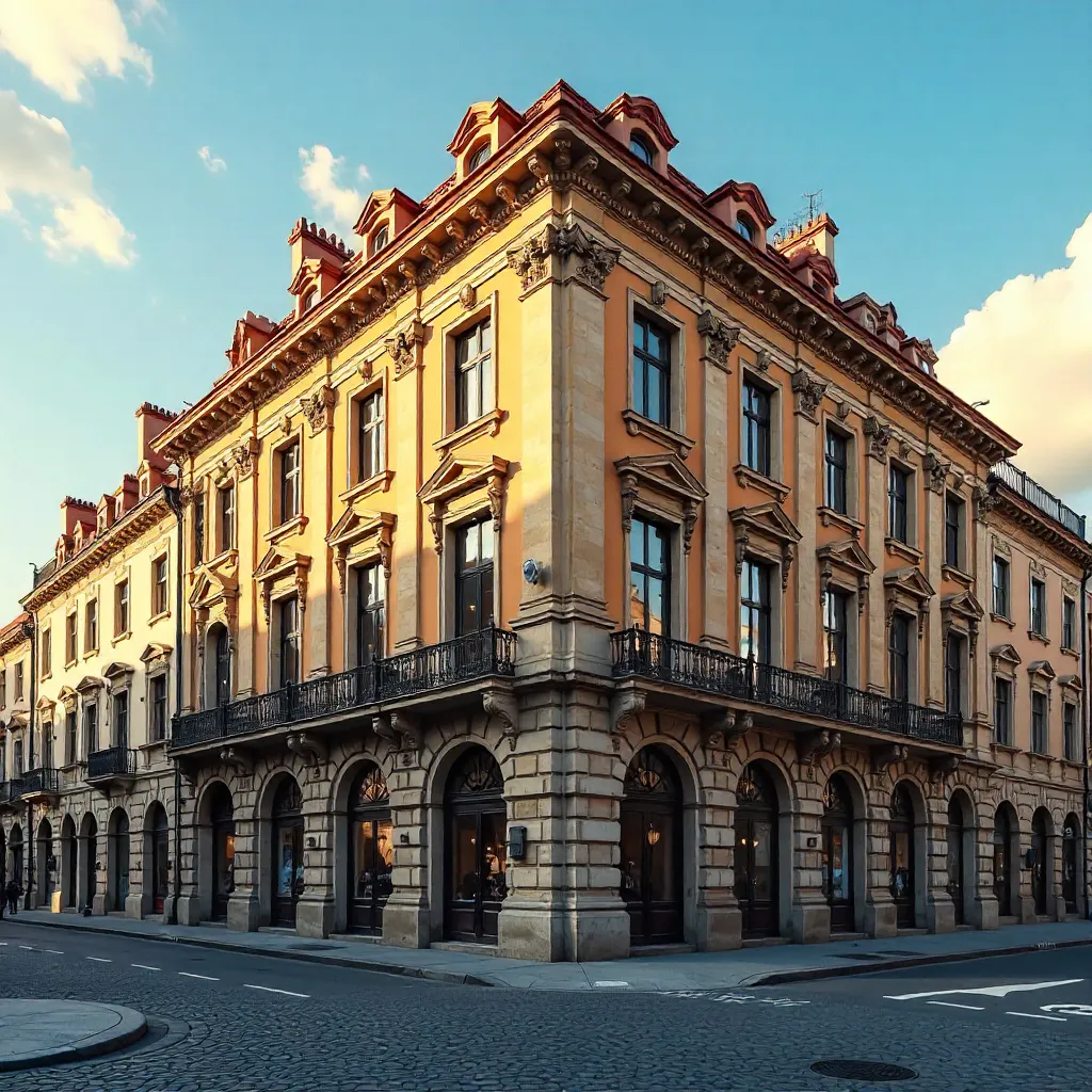 Corner View of a Classic European Building with Red Roof