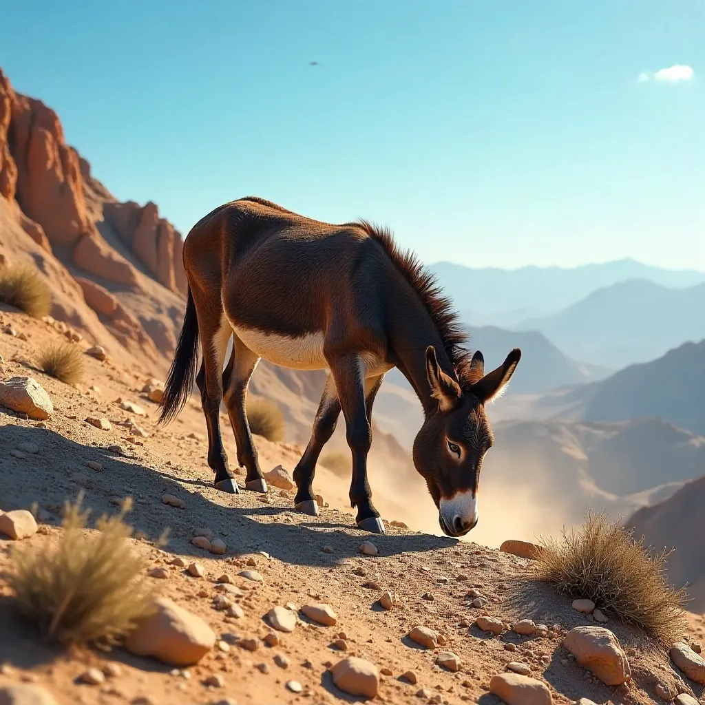 Brown Donkey Grazing on a Moroccan Rocky Hill