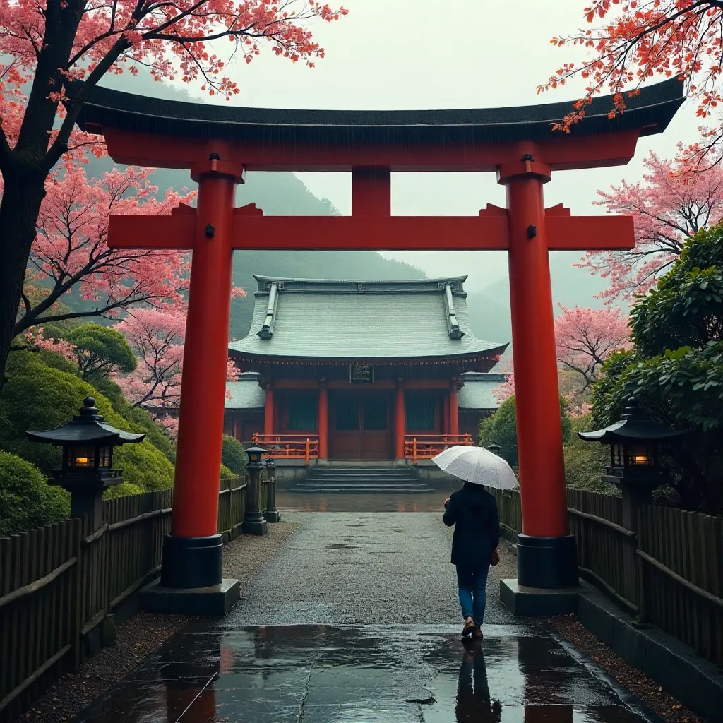 Peaceful Tokyo Shrine with Umbrella