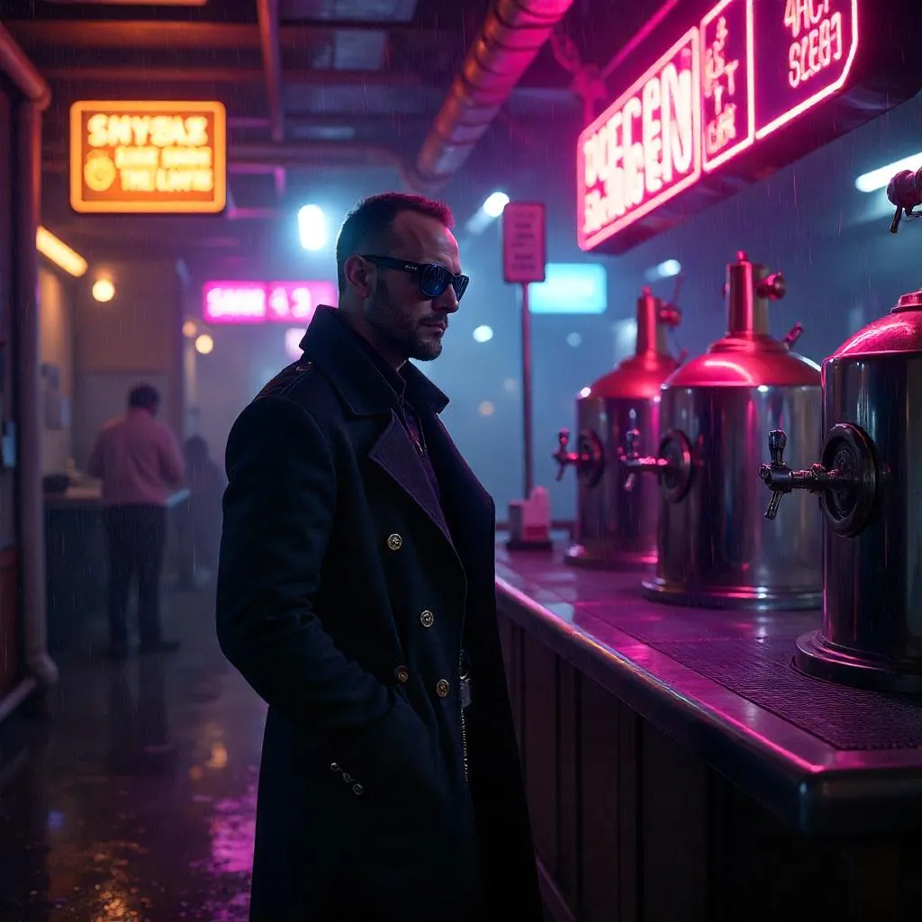 Neon-Tap Noir: A Stylish White Man in a Cyberpunk Brewery