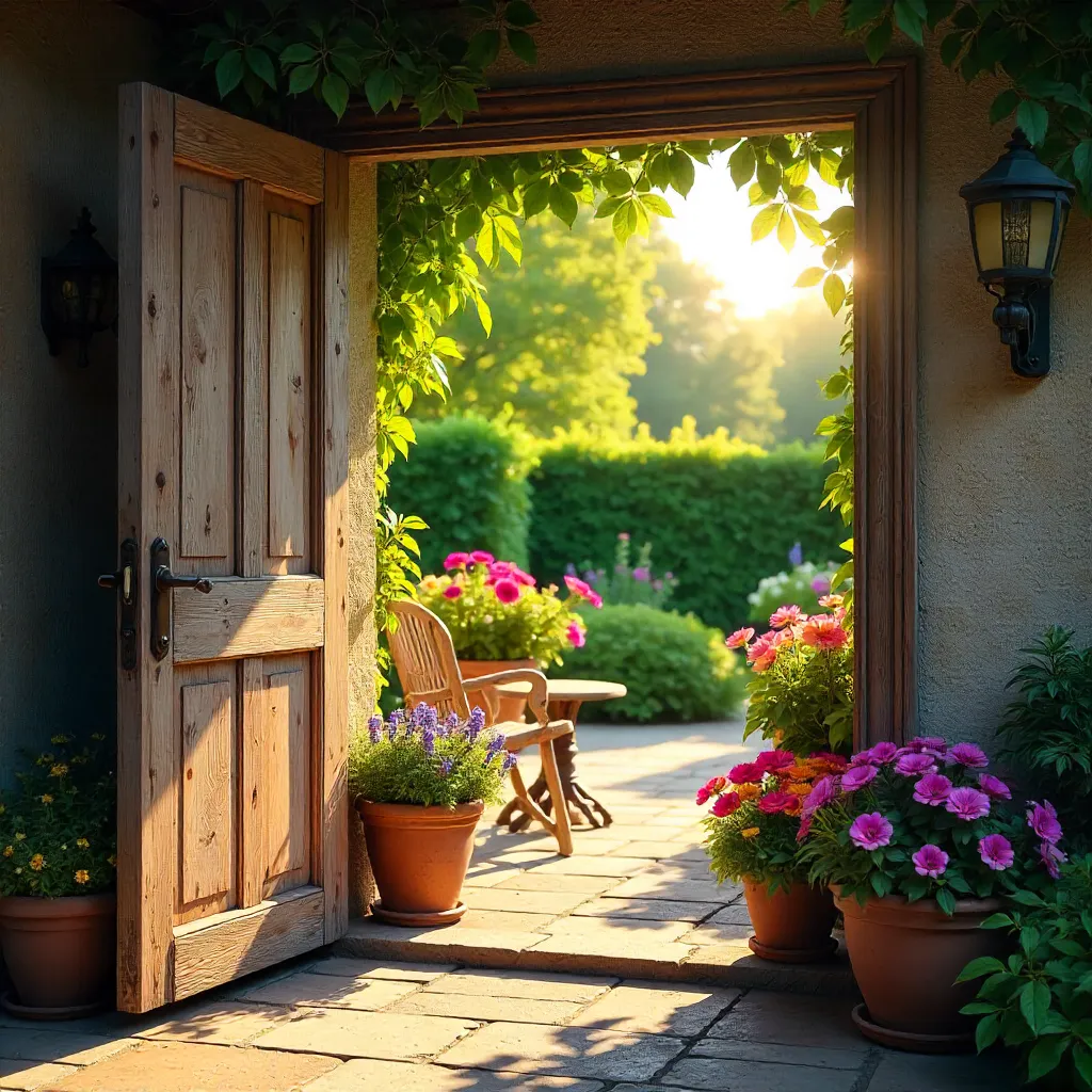 Rustic Door to a Serene Sunlit Garden Patio