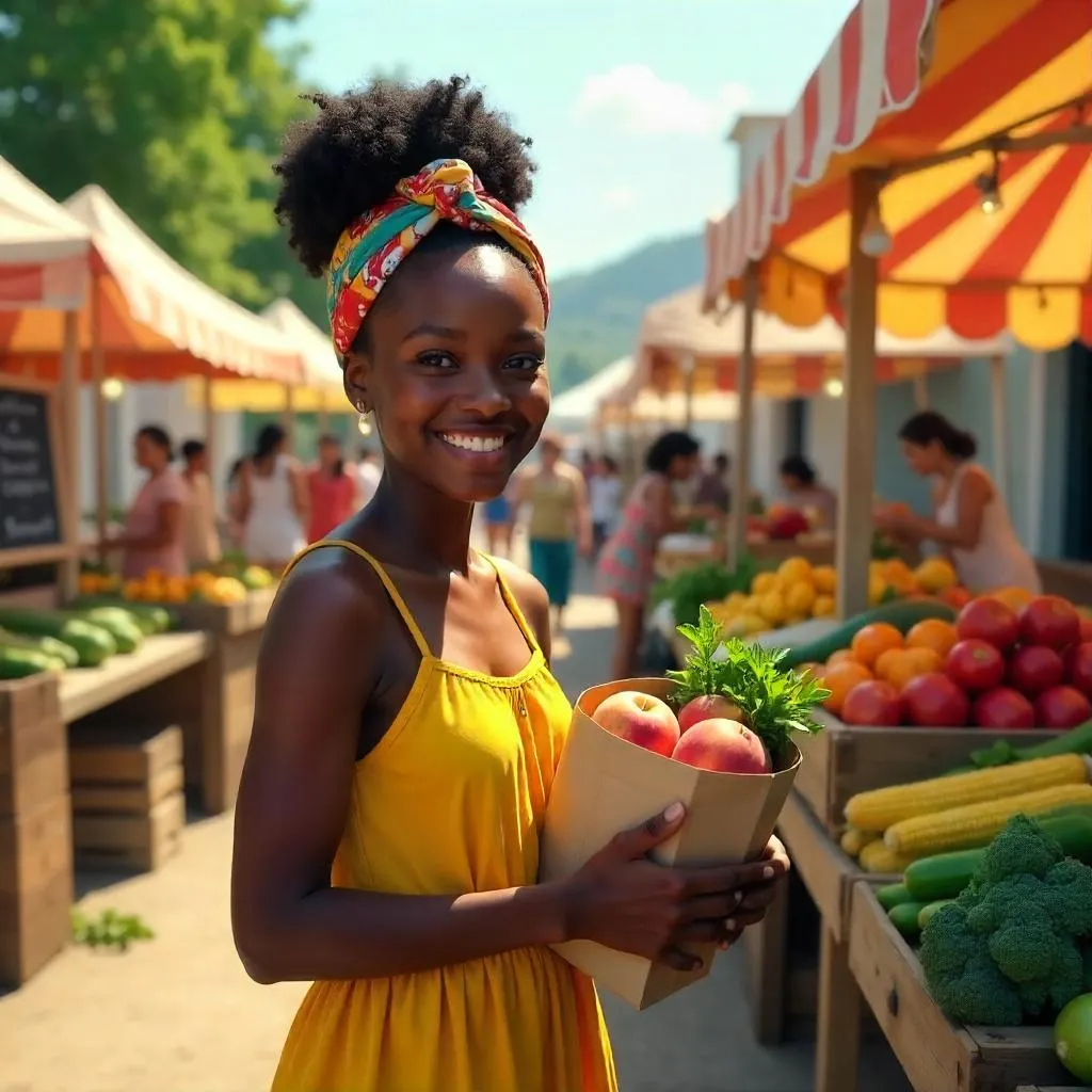 Cheerful Black Teen at a Bright Farmers Market