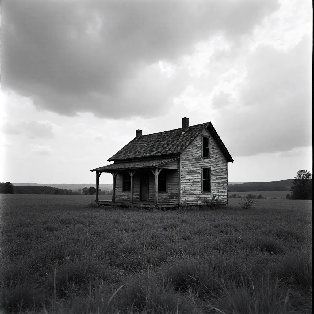 Solitary Virginia House in a Vast Field (Black and White)