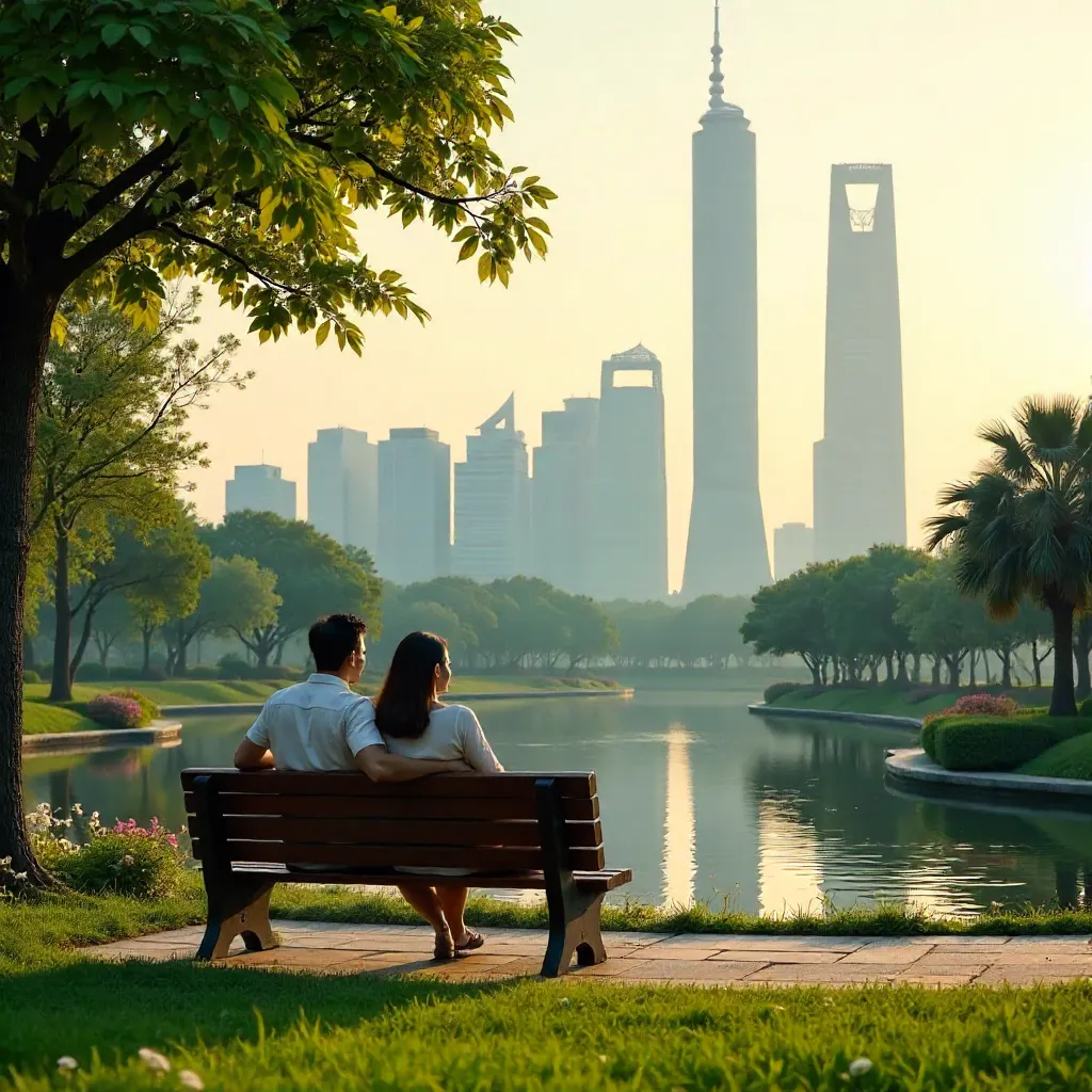 Serene Couple in Shanghai Park with Modern Skyline