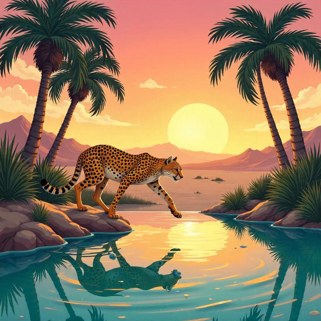 Cheetah in an Oasis: Anime-Style Sunset