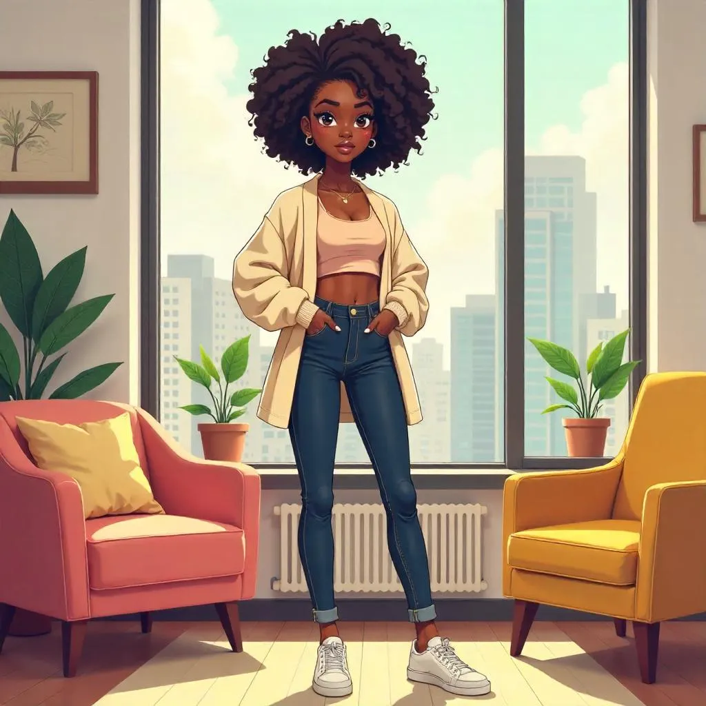 Stylish Black Girl in a Modern Anime Apartment