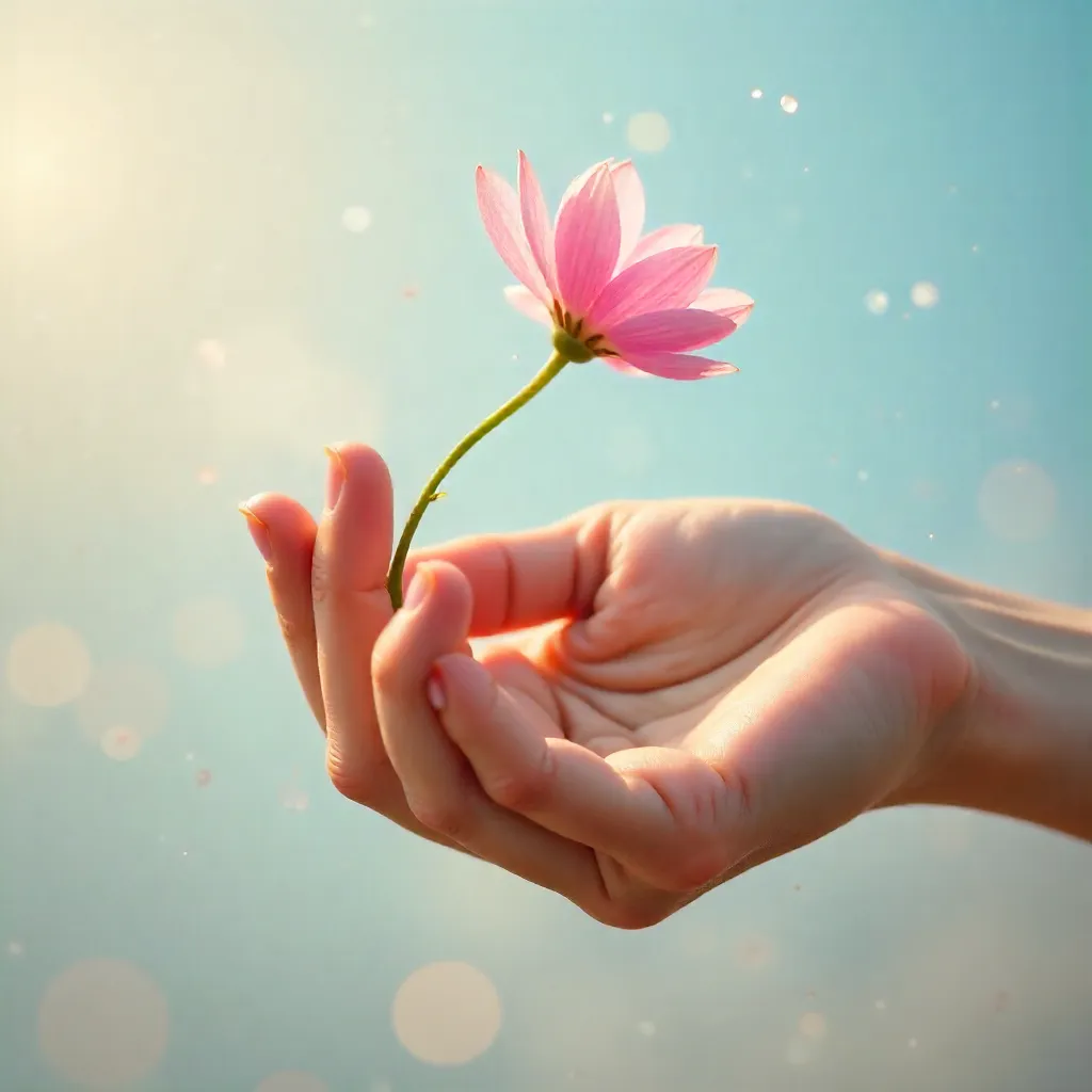 Hand Cradling a Delicate Pink Flower Against a Soft Blue Sky