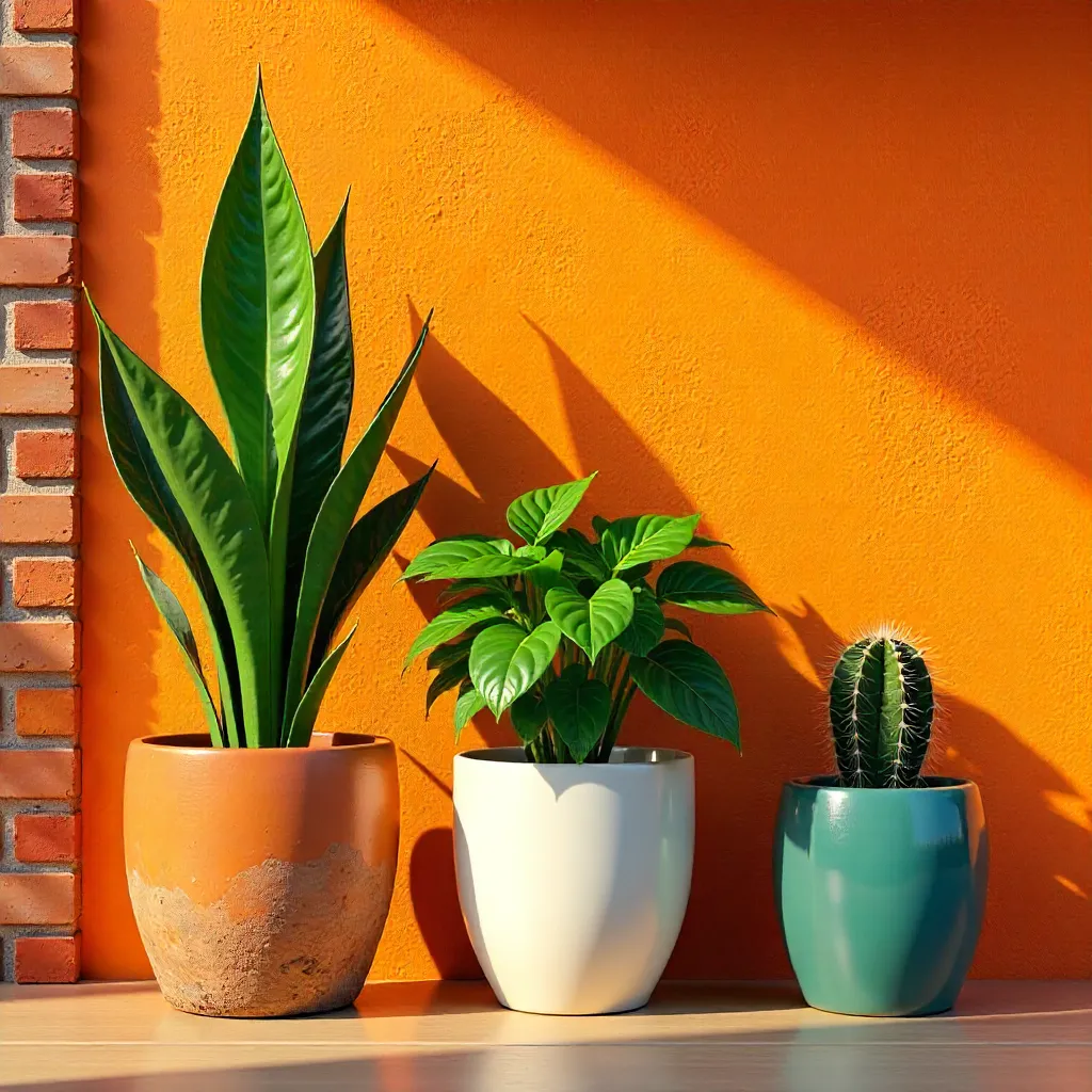 Three Potted Plants Against Bright Orange Brick Wall