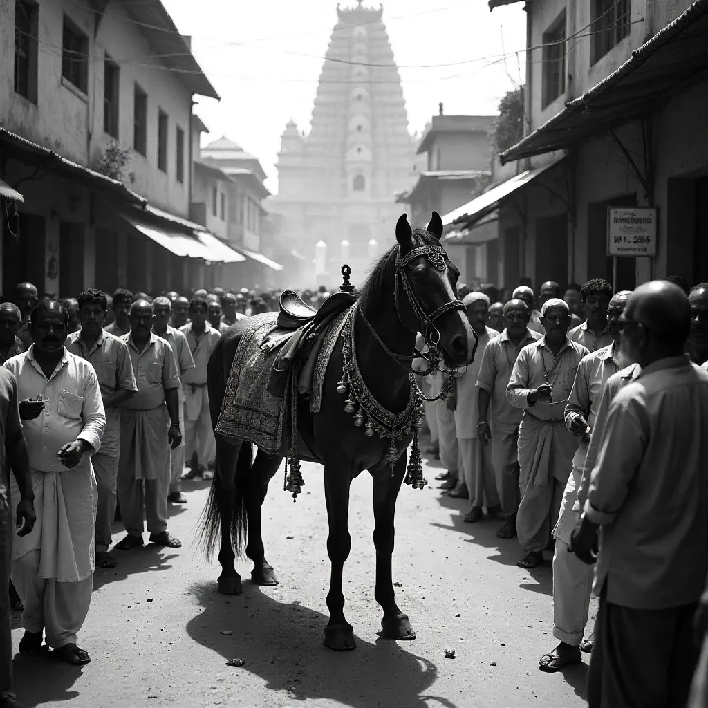 Monochrome Pandharpur Procession with Decorated Horse