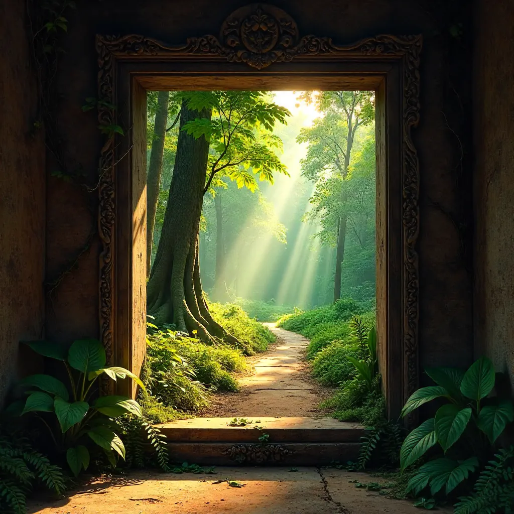 Ancient Cambodian Window Framing a Serene Forest Path