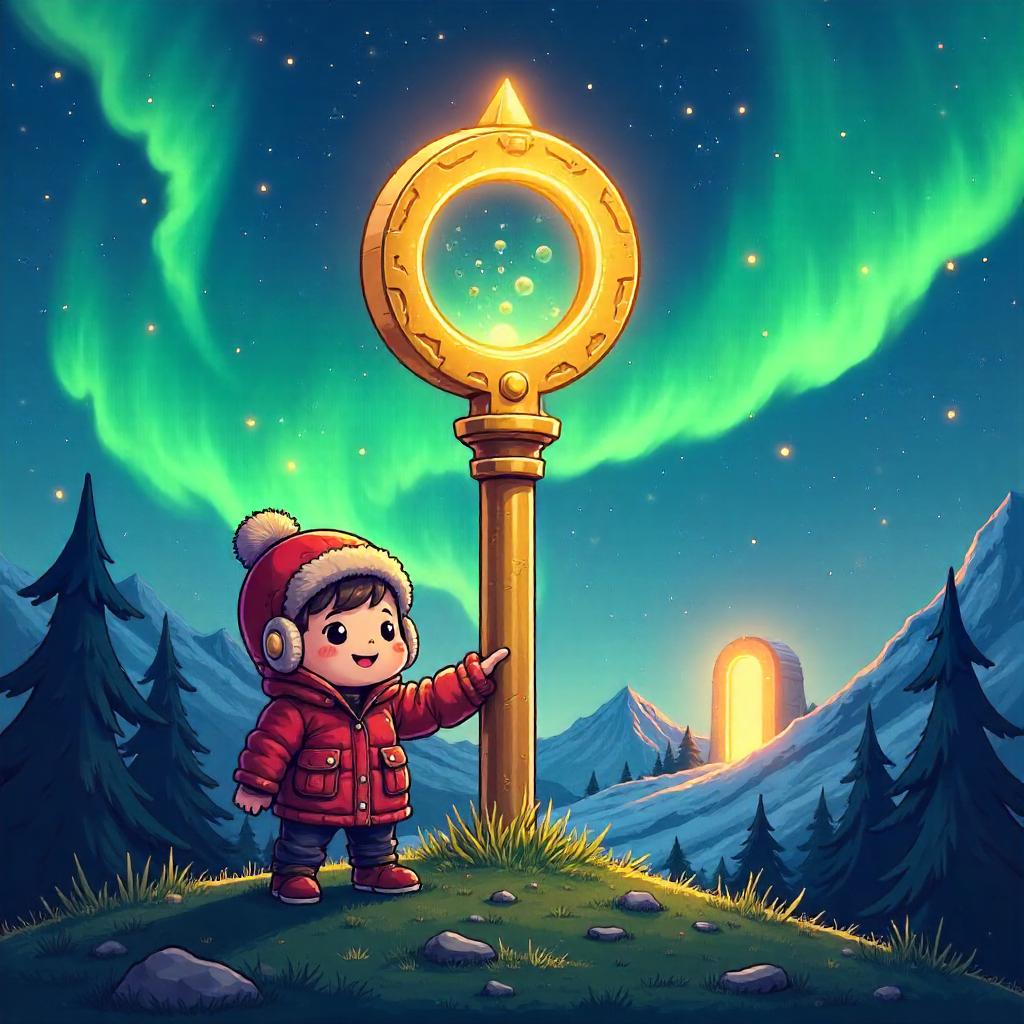 Dimensional Key under Northern Lights — Cartoon Adventure
