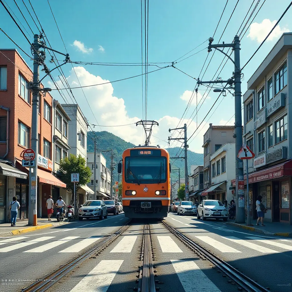 Sunny Taiwan Train Crossing at a Busy Intersection