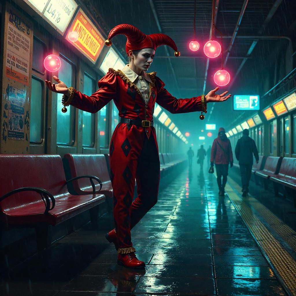 Neon Subway Jester: Digital Art in Motion