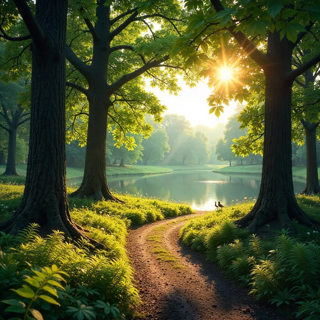 Sunlit Forest Path in a Public Park
