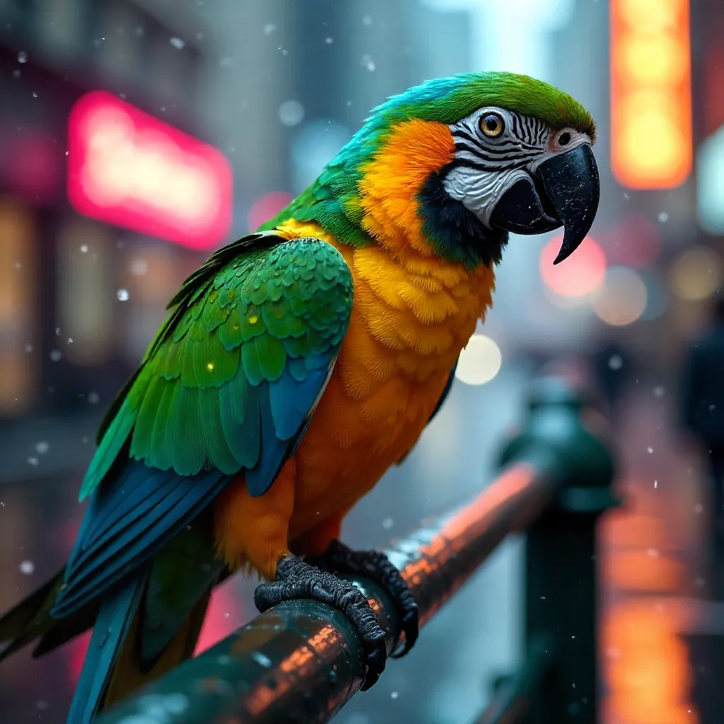 Colorful Parrot on a Rain-Wet Rail
