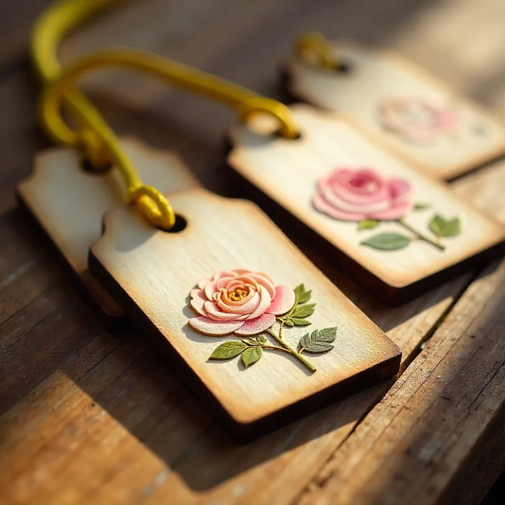 Floral Patterned Wooden Tags on Rustic Wood