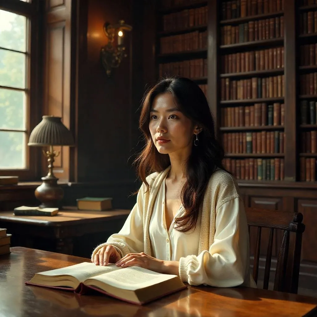 Photorealistic Latina Woman in a Quiet Library