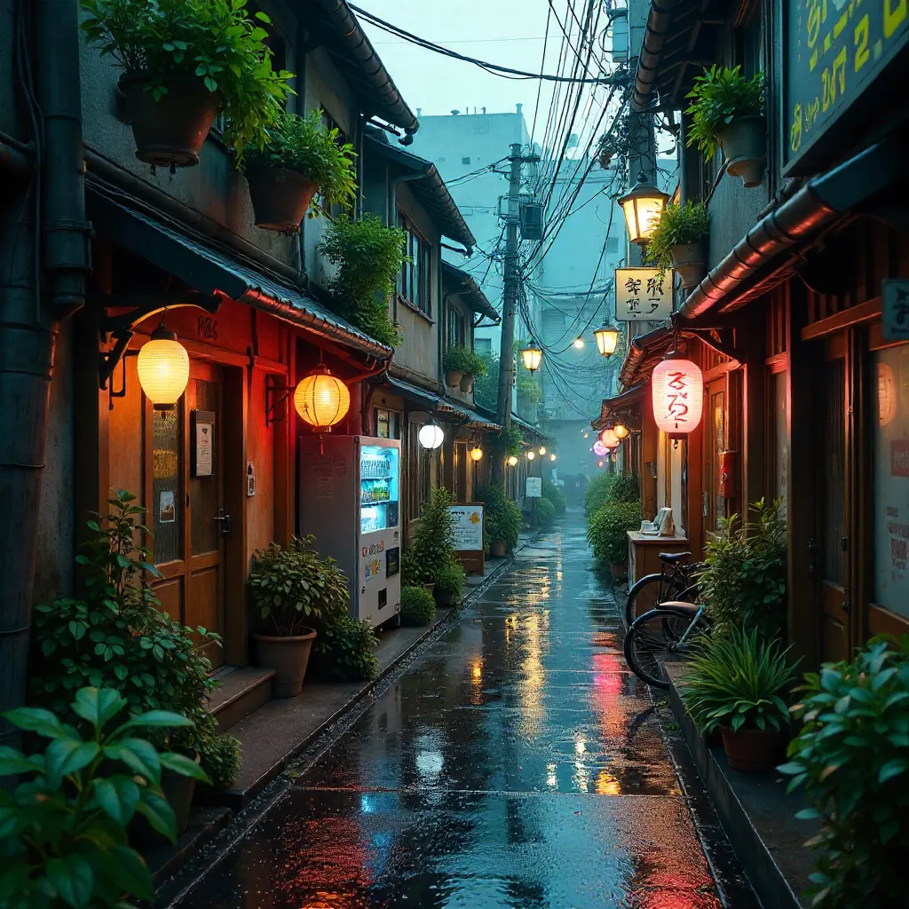 Rain-kissed Tokyo Laneway: Greenery and Neon Charm