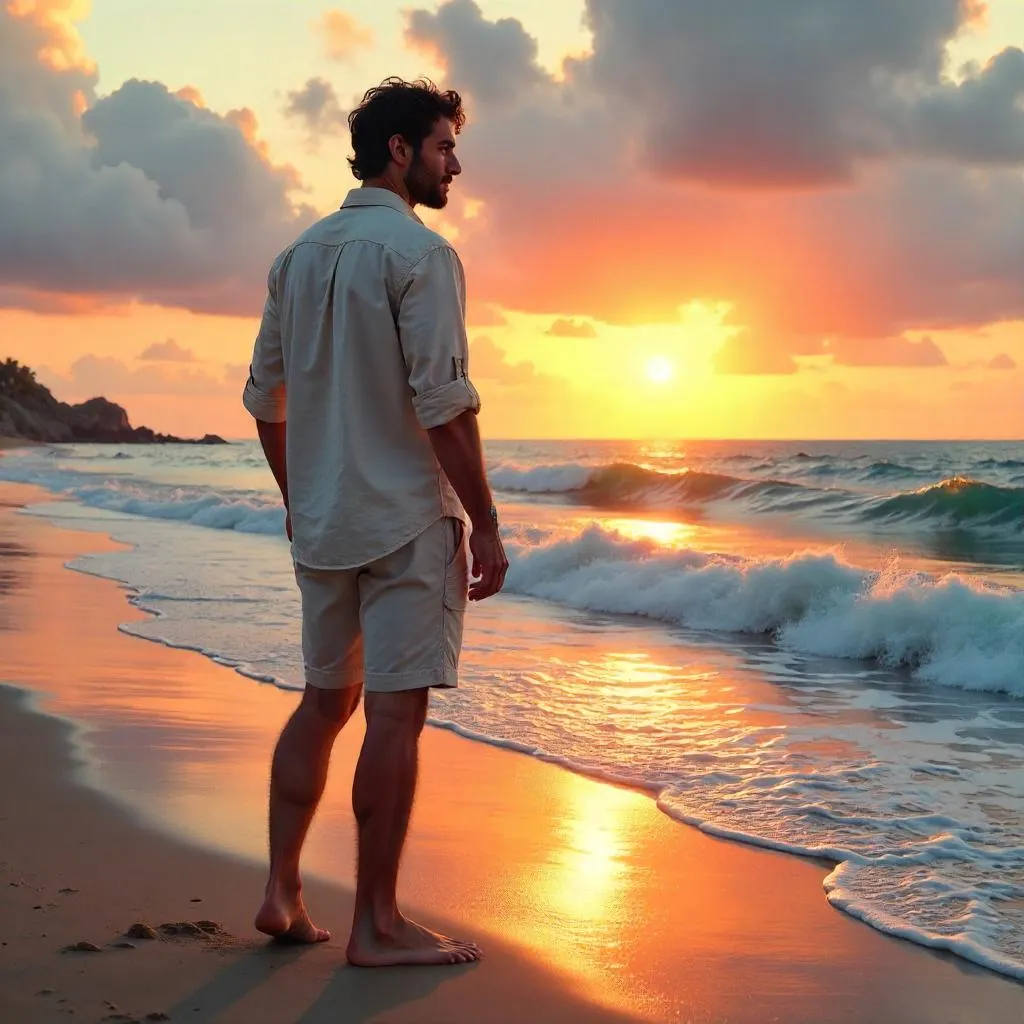 Dusk Beach Portrait: A Young Middle Eastern Man in Digital Art