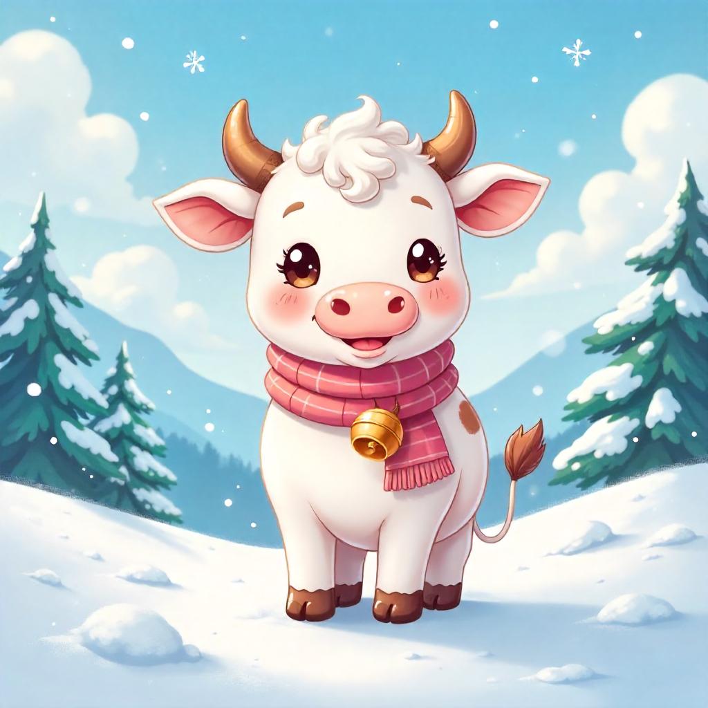Snowy Anime Cow in a Winter Landscape