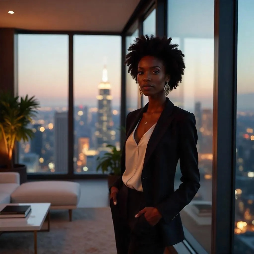 Photorealistic Black Woman in a Penthouse