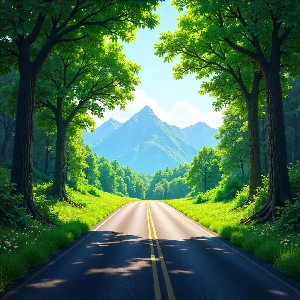 Tranquil Road Through Green Forest to Distant Mountains