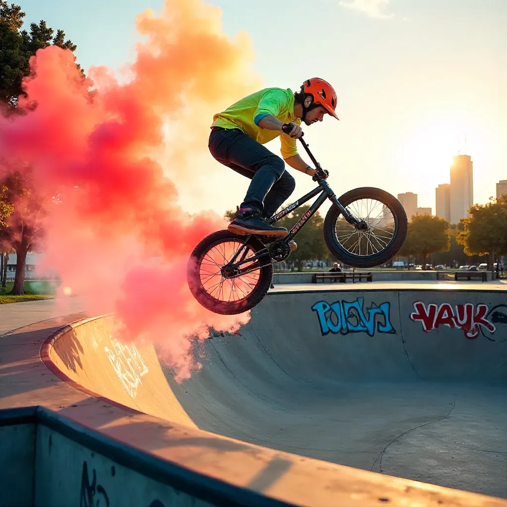 Aerial BMX Stunt with Colorful Smoke in an Urban Park