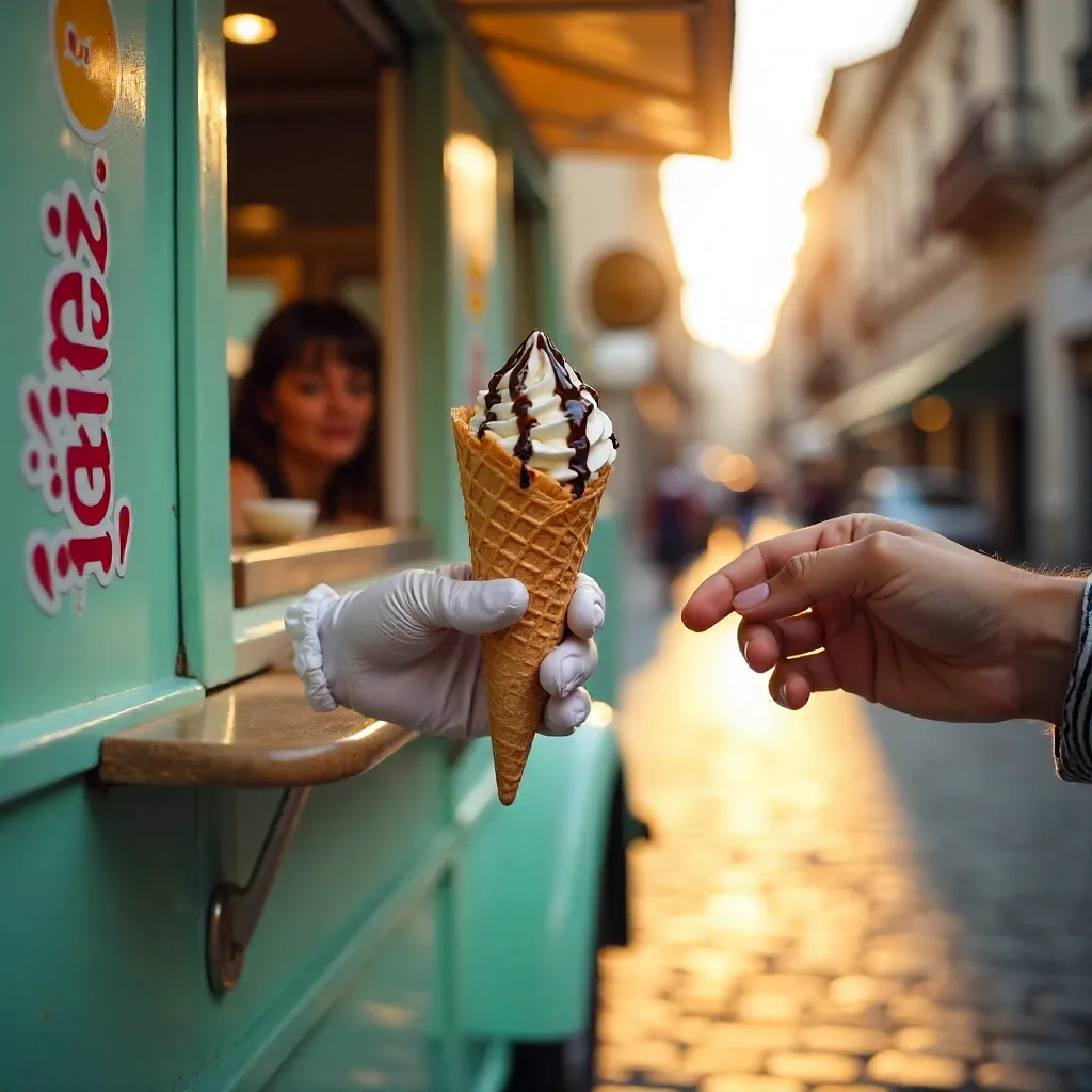 Close-Up Ice Cream Hand-Off from Dolomiti Truck