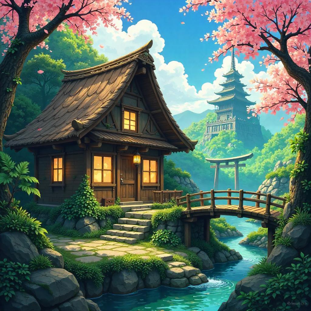 Cottage in Temple Ruins Anime Style