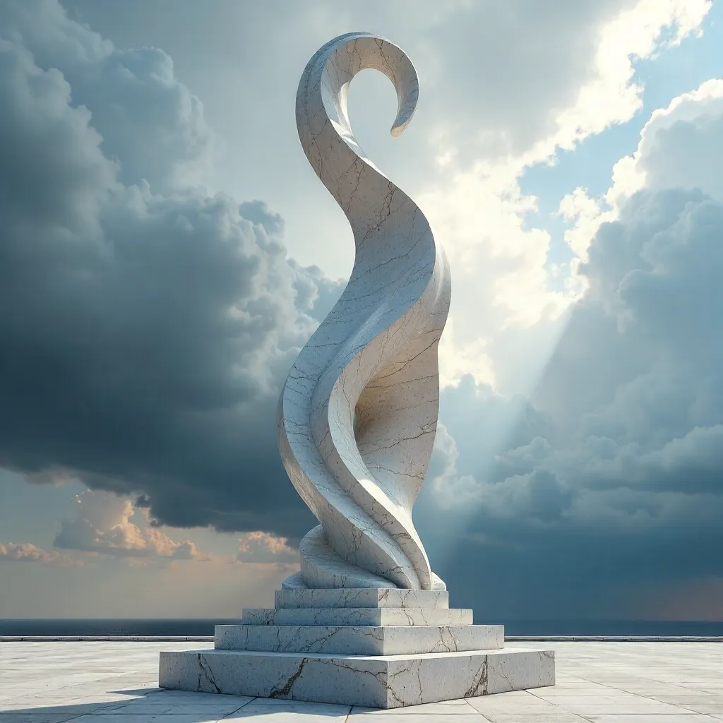 Dynamic White Marble Sculpture Against Stormy Sky