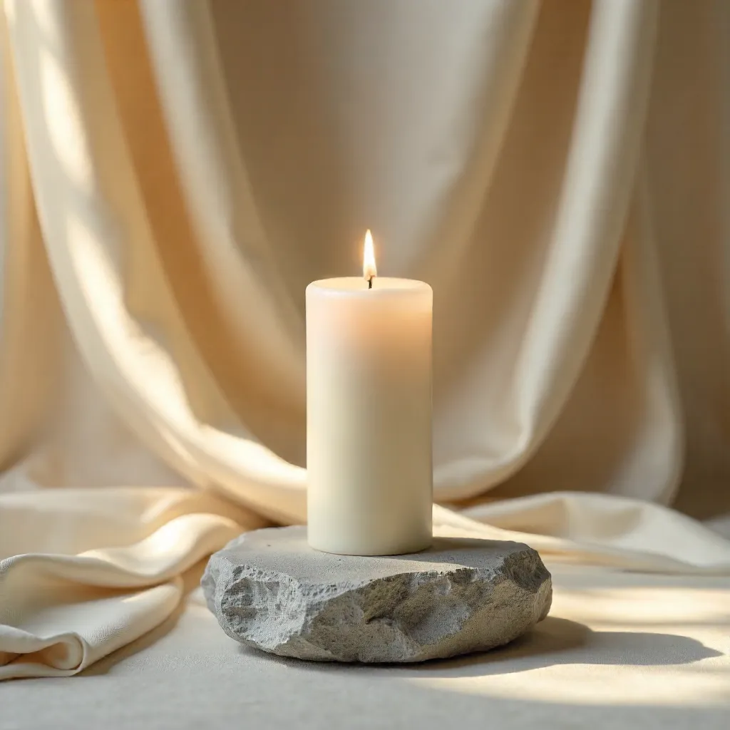 Minimalist Candle on Stone with Silk Drapery