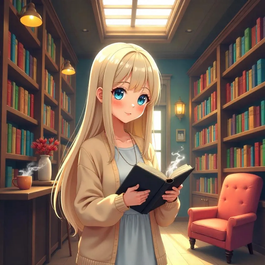 Fair-Skinned Anime Woman in a Cozy Bookstore