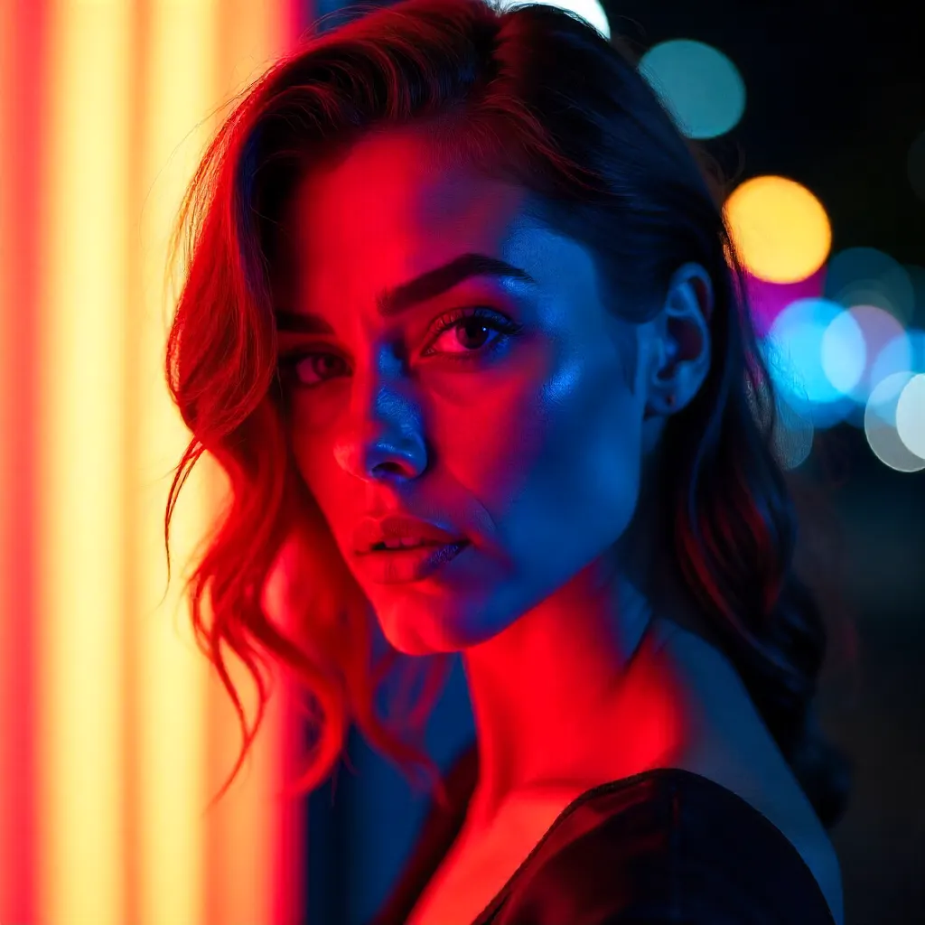 Neon Duel: Portrait in Red and Blue Light