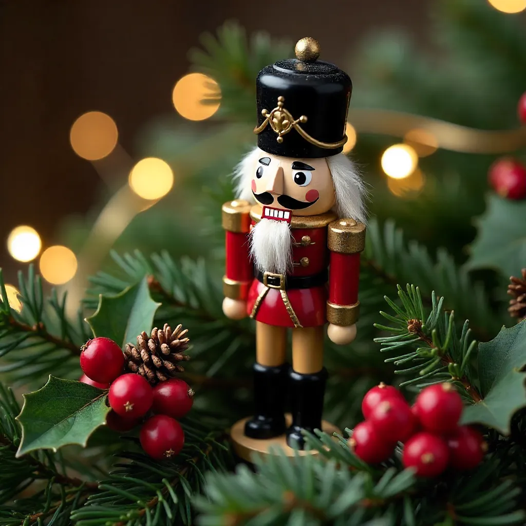 Nutcracker Ornament Amid Festive Evergreen