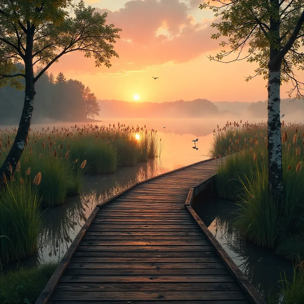 Sunset on a Belarusian Wetland Boardwalk