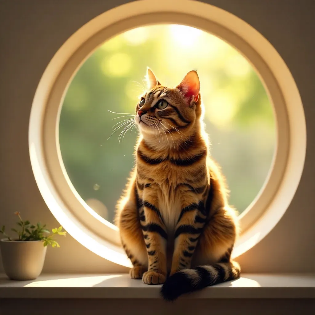 Sunlit Tabby on a Circular Window Ledge