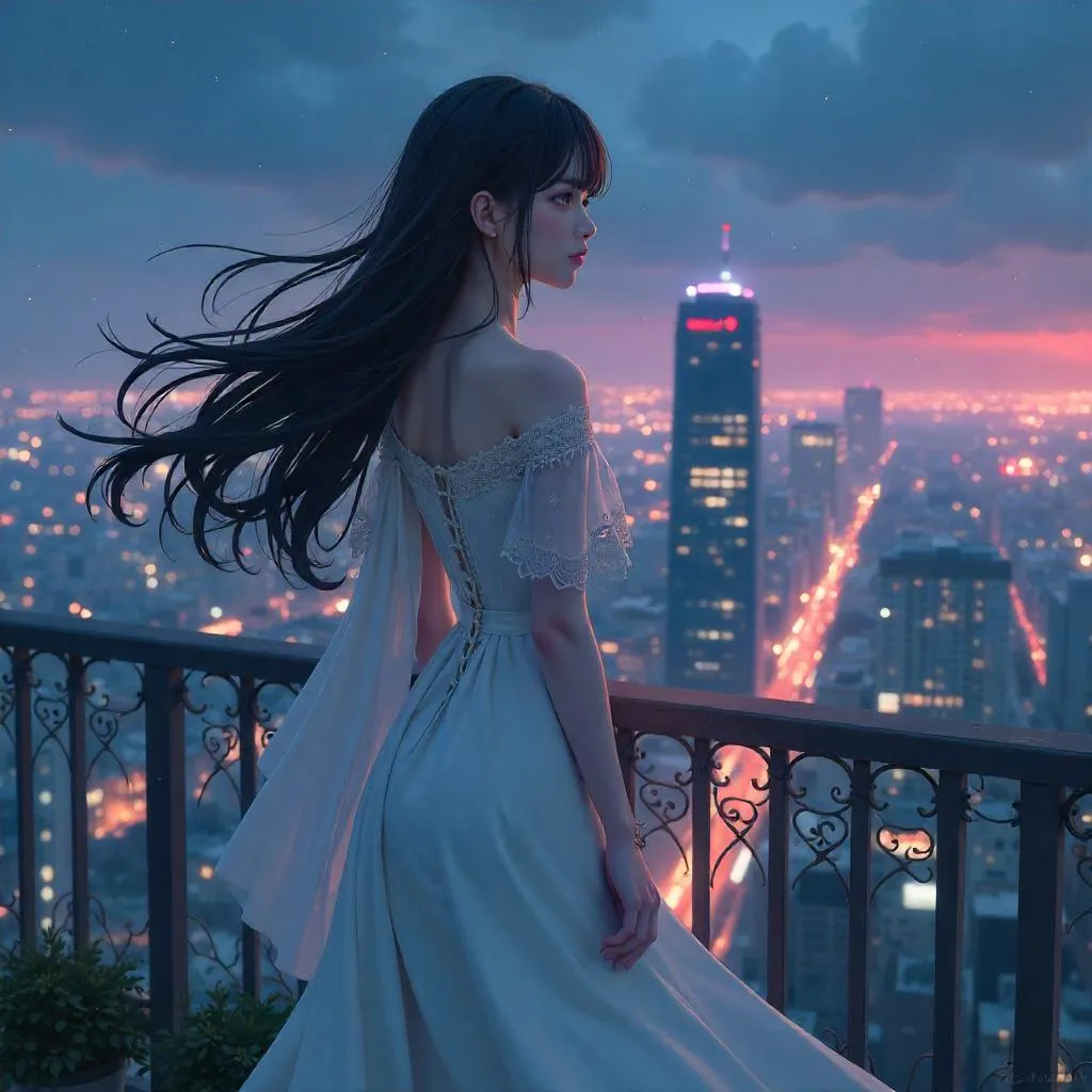 Elegant Anime Rooftop Dream at Dusk