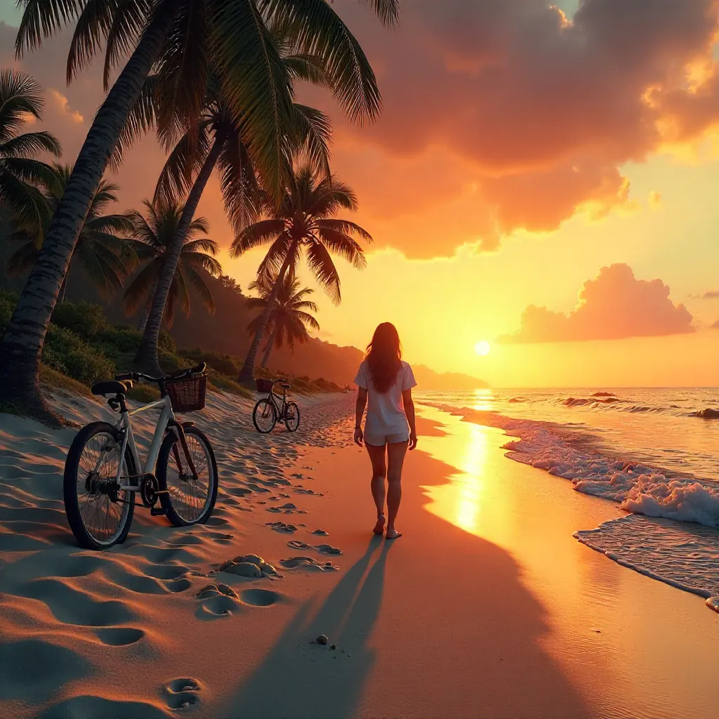 Sunset Stride on a Palm-Fringed Beach with Bicycles