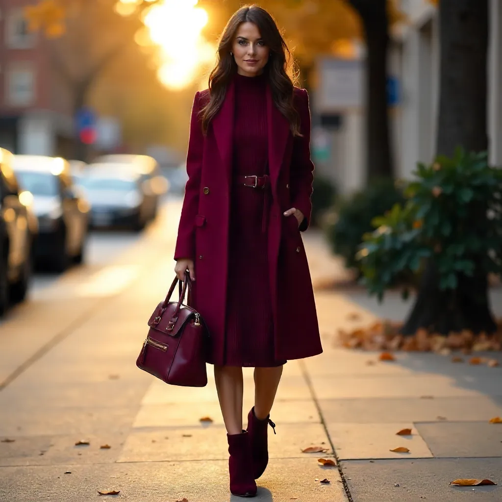 Maroon Fall Fashion: Chic Outfit with Leather Handbag