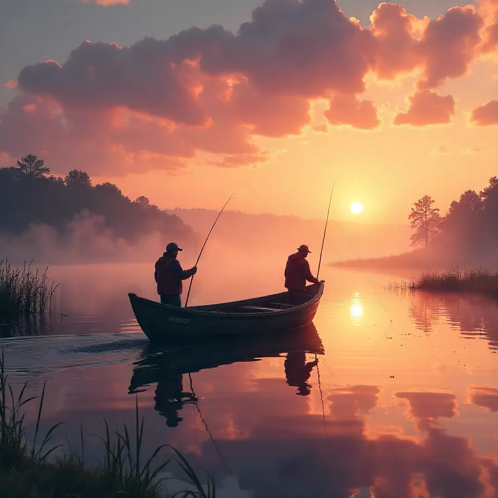 Sunrise Fishermen on a Tranquil Lake